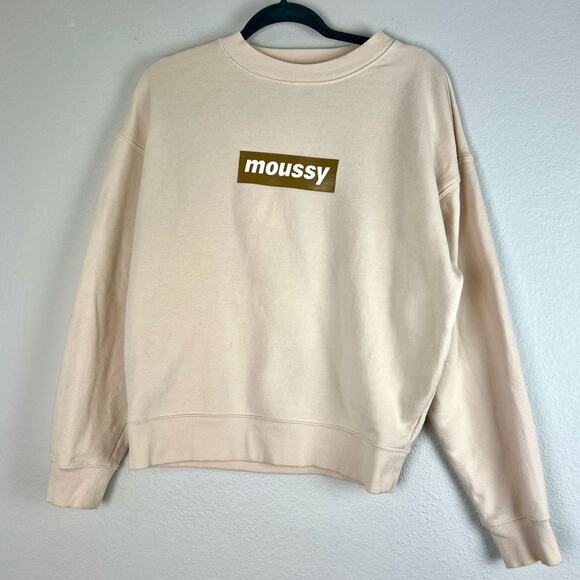 Moussy | Cream Tan Logo Crewneck Sweatshirt Neutral Minimalist Clean Girl M L XL - Picture 1 of 6